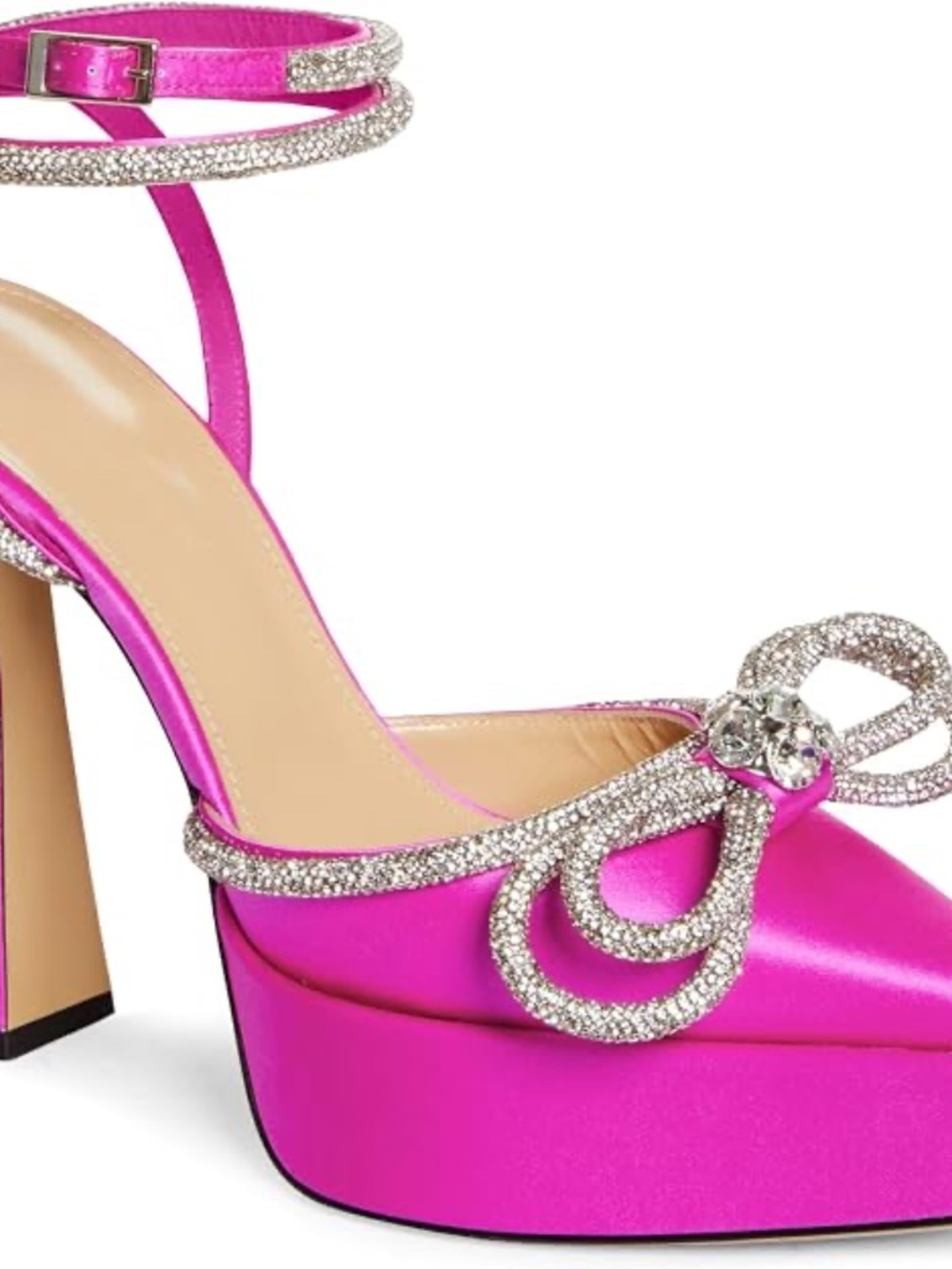 NEW Juliet Holy Pink Satin Crystal Double Bow Chunky Platform Pump Heels - Picture 3 of 14